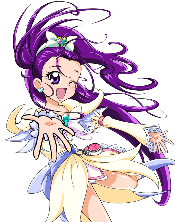 ;d bow cure_egret dress eyelashes futari_wa_precure_splash_star hair_bow long_hair magical_girl mishou_mai one_eye_closed open_mouth outstretched_arms ponytail precure purple_eyes purple_hair ribbon sinko_(sinsin) smile solo spread_arms white_background