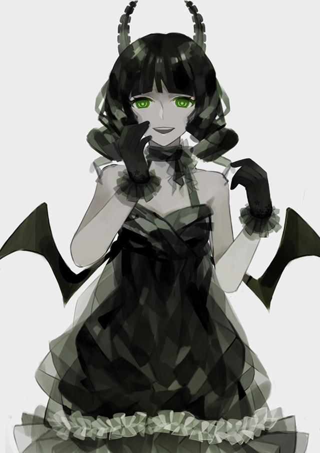 bangs black_hair black_rock_shooter blunt_bangs dead_master dress gloves green_eyes horns looking_at_viewer open_mouth rukun00 simple_background solo wings