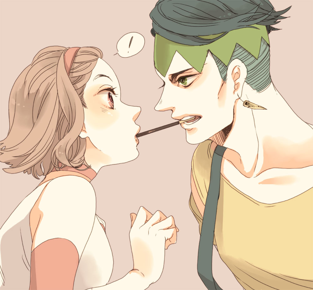 1boy 1girl bad_id bad_pixiv_id chiyo_(chidori) dress earrings food green_eyes hairband headband jewelry jojo_no_kimyou_na_bouken kishibe_rohan pink_eyes pocky pocky_kiss shared_food spoken_exclamation_mark sugimoto_reimi