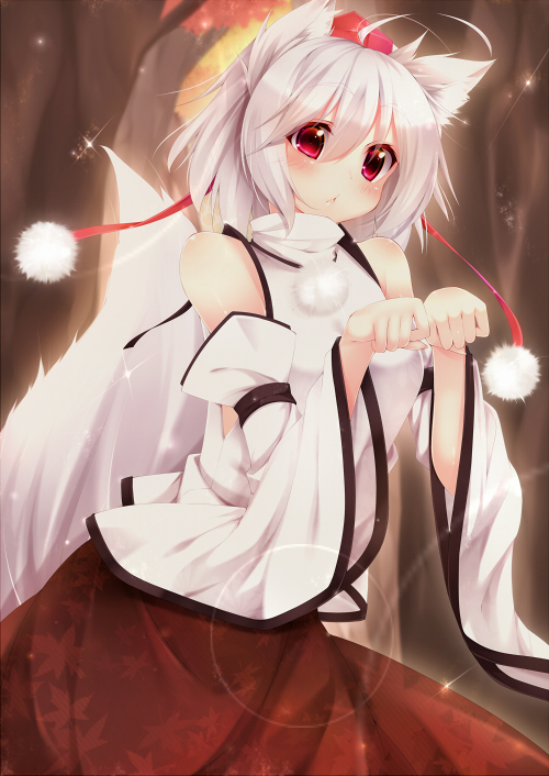 :&lt; alza animal_ears blush detached_sleeves hat inubashiri_momiji lens_flare looking_at_viewer paw_pose red_eyes short_hair solo sparkle tail tokin_hat touhou white_hair wolf_ears wolf_tail