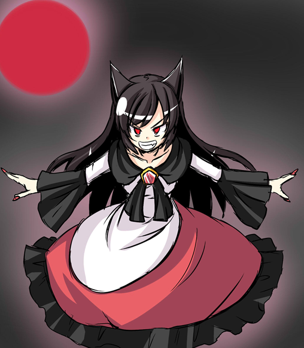 animal_ears black_hair brooch dress fingernails grin ichimi imaizumi_kagerou jewelry long_hair looking_at_viewer moon nail_polish outstretched_arms red_eyes red_moon smile solo touhou wolf_ears