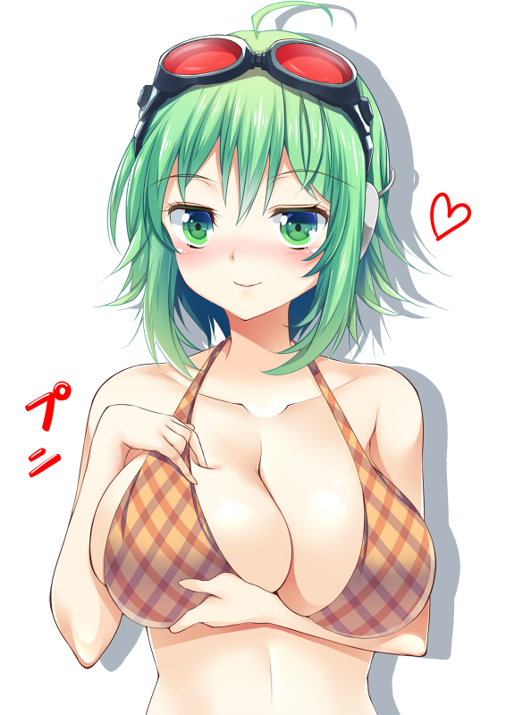 bad_id bad_pixiv_id bikini bikini_top blush breasts cleavage collarbone full-face_blush goggles goggles_on_head green_eyes green_hair gumi headset heart large_breasts plaid plaid_bikini short_hair silhouette simple_background skindentation smile solo swimsuit vocaloid white_background yappen