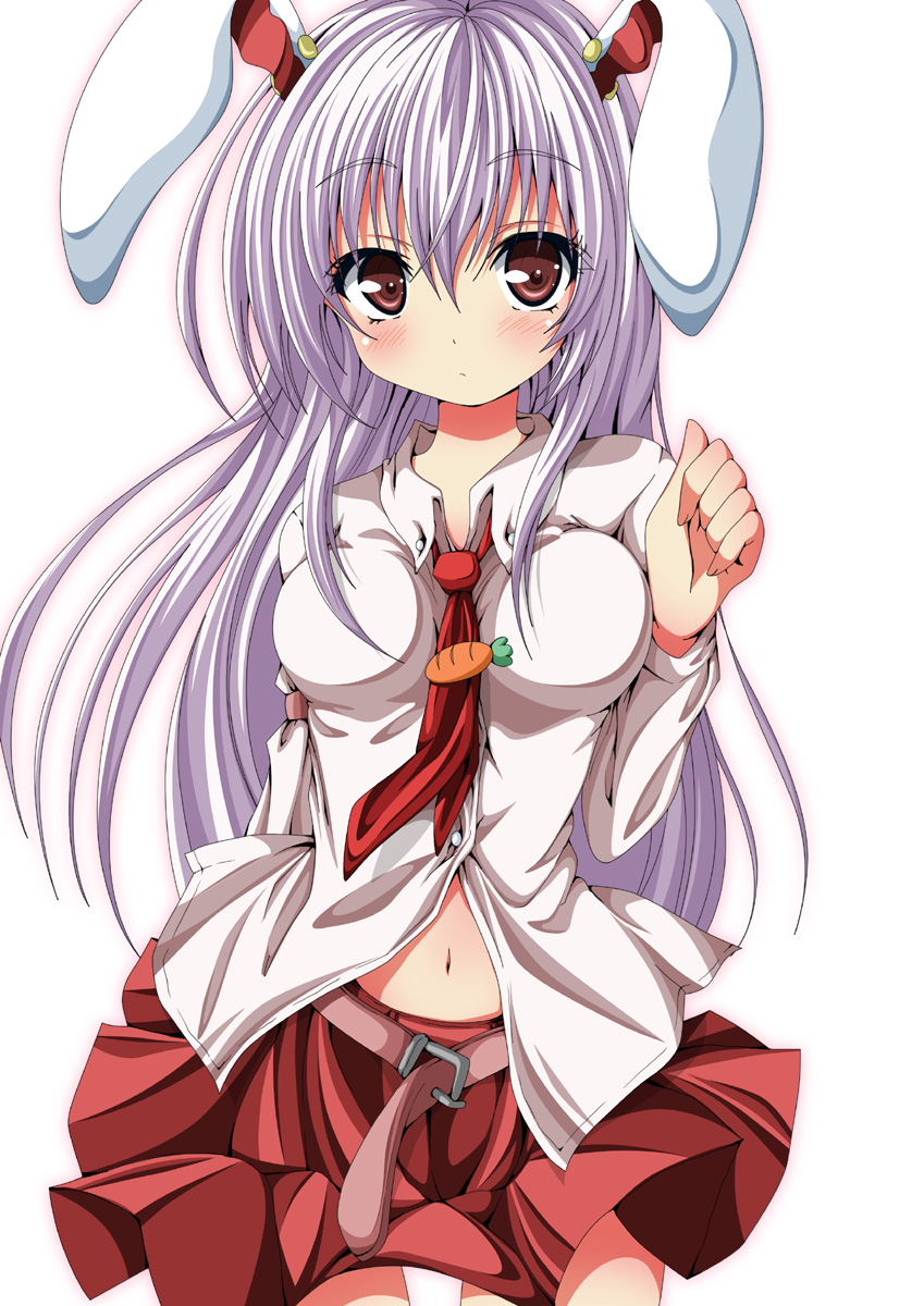 animal_ears belt blush breasts bunny_ears carrot dress_shirt highres long_hair ma-yu medium_breasts navel necktie purple_hair red_eyes red_neckwear reisen_udongein_inaba shirt simple_background skirt solo touhou very_long_hair white_background