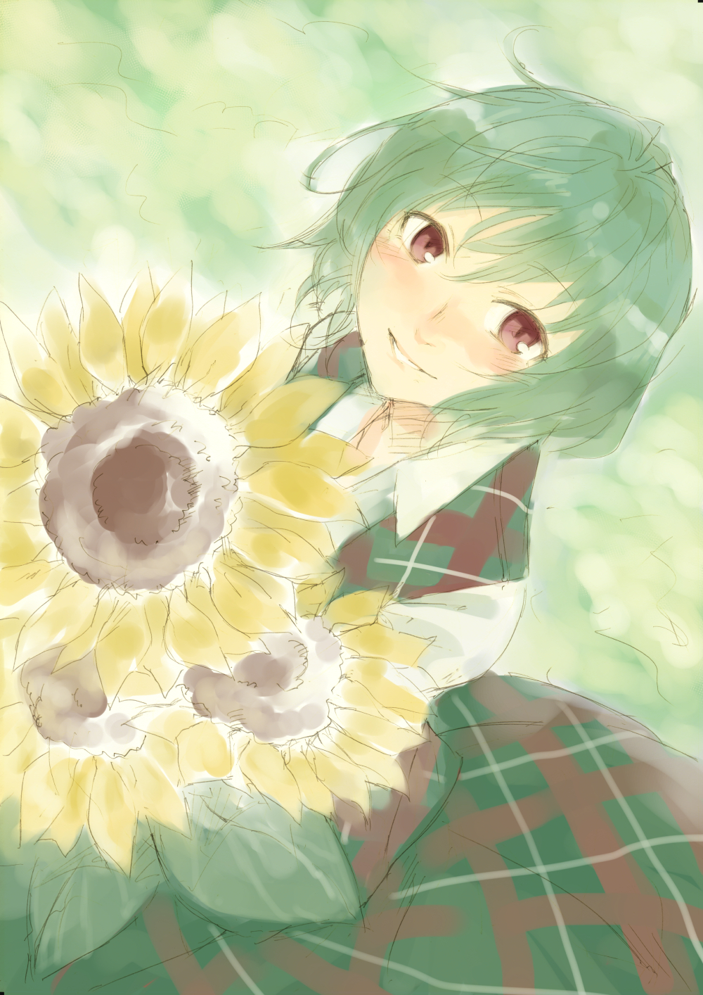 blush flower green_hair highres holding holding_flower kazami_yuuka pino_(birthdayparty) red_eyes short_hair smile solo sunflower touhou