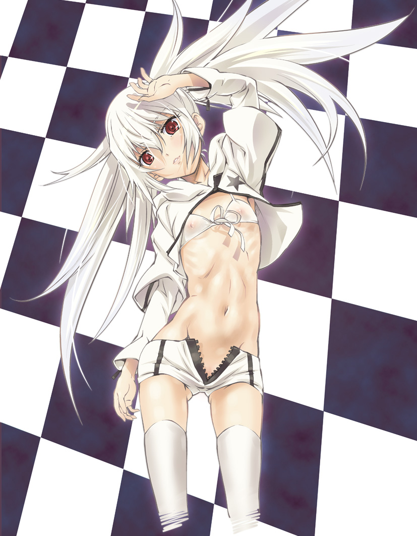 arm_up bikini_top black_rock_shooter_(game) checkered checkered_floor flat_chest floor groin long_hair lying midriff navel nipples on_back red_eyes shorts solo suzuki24 thighhighs twintails unzipped white_hair white_rock_shooter zipper