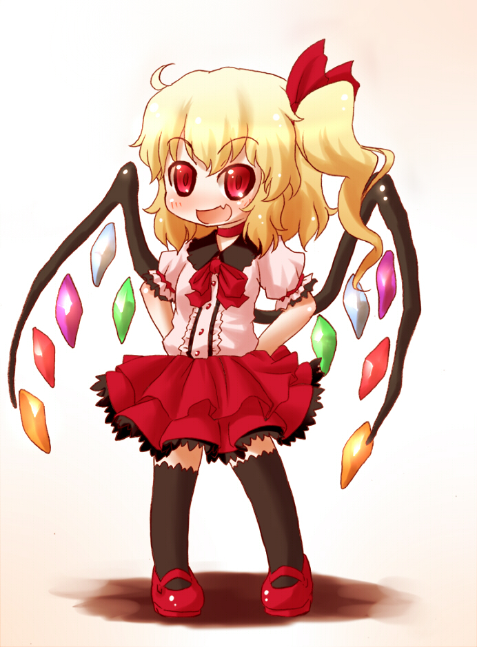 arinu black_legwear blonde_hair fang flandre_scarlet hair_ornament hands_on_hips red_eyes side_ponytail solo thighhighs touhou wings