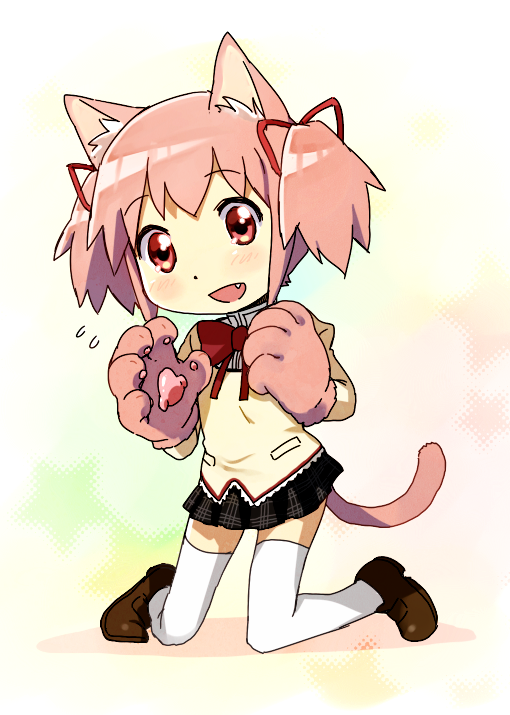 animal_ears bad_id bad_pixiv_id cat_ears cat_paws cat_tail fang hair_ribbon kaname_madoka kemonomimi_mode loafers mahou_shoujo_madoka_magica paws pink_eyes pink_hair ribbon school_uniform shoes short_twintails smile solo tail thighhighs twintails yoplait zettai_ryouiki