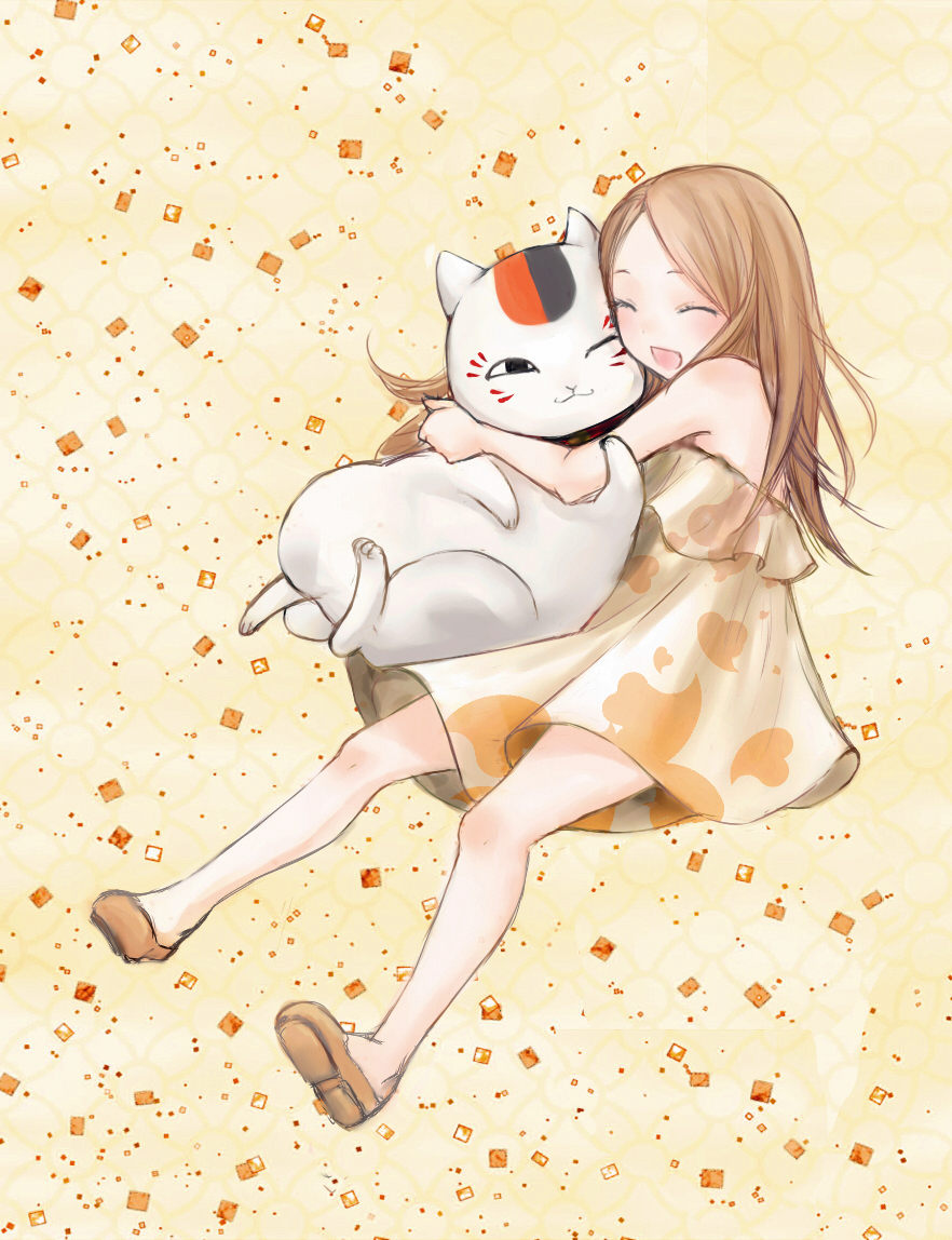 :d brown_hair cat closed_eyes dress hug hug_from_behind kaga_rin letta long_hair natsume_yuujinchou nyanko open_mouth sitting smile usagi_drop