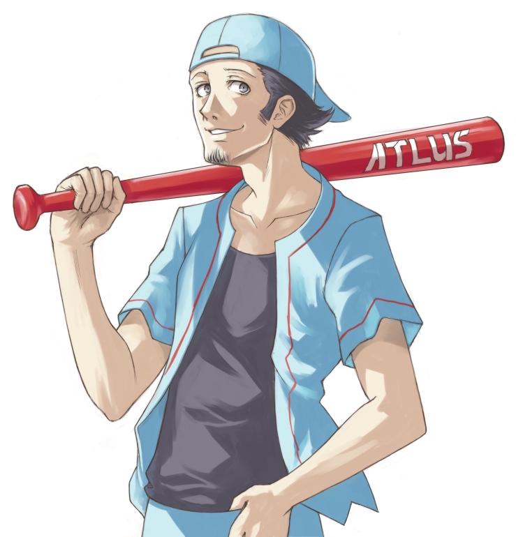 bad_id bad_pixiv_id baseball_bat baseball_cap blue_hair facial_hair goatee hat iori_junpei over_shoulder persona persona_3 persona_4:_the_ultimate_in_mayonaka_arena puh short_hair weapon weapon_over_shoulder