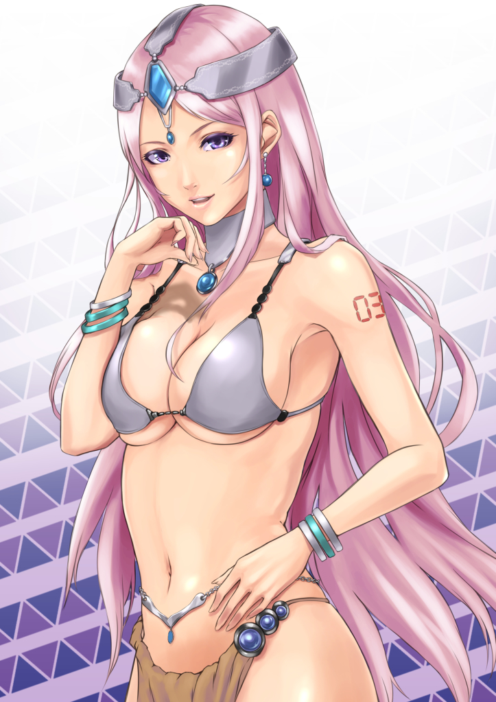 bangle belly_chain bracelet breasts circlet cleavage cosplay dancer din_(raiden) dragon_quest dragon_quest_iv earrings fingernails jewelry large_breasts loincloth long_fingernails long_hair looking_at_viewer manya manya_(cosplay) megurine_luka navel parted_lips pelvic_curtain pink_hair purple_eyes skindentation smile solo swimsuit tattoo very_long_hair vocaloid
