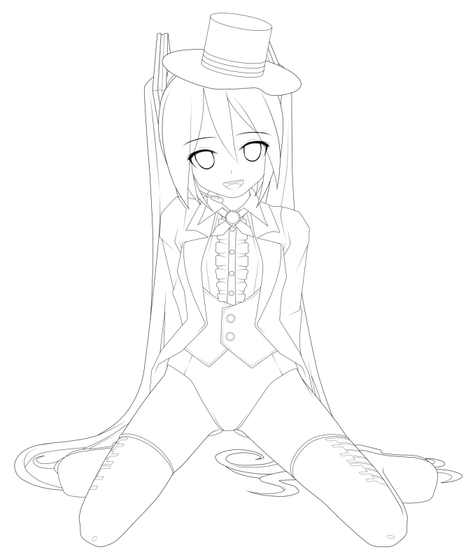 arms_behind_back eto greyscale hat hatsune_miku kneeling lineart long_hair looking_at_viewer miracle_paint_(vocaloid) monochrome project_diva project_diva_(series) smile solo thighhighs top_hat twintails very_long_hair vocaloid