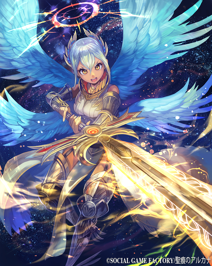 bare_shoulders breasts halo lack long_hair medium_breasts multiple_wings open_mouth original seikon_no_arcana silver_hair solo sword weapon wings yellow_eyes