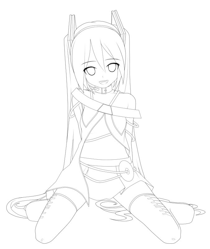 arms_behind_back collar cosplay eto eyebrows_visible_through_hair greyscale hatsune_miku headset kneeling lily_(vocaloid) lily_(vocaloid)_(cosplay) lineart long_hair looking_at_viewer monochrome navel open_mouth skirt smile solo thighhighs twintails very_long_hair vocaloid zettai_ryouiki