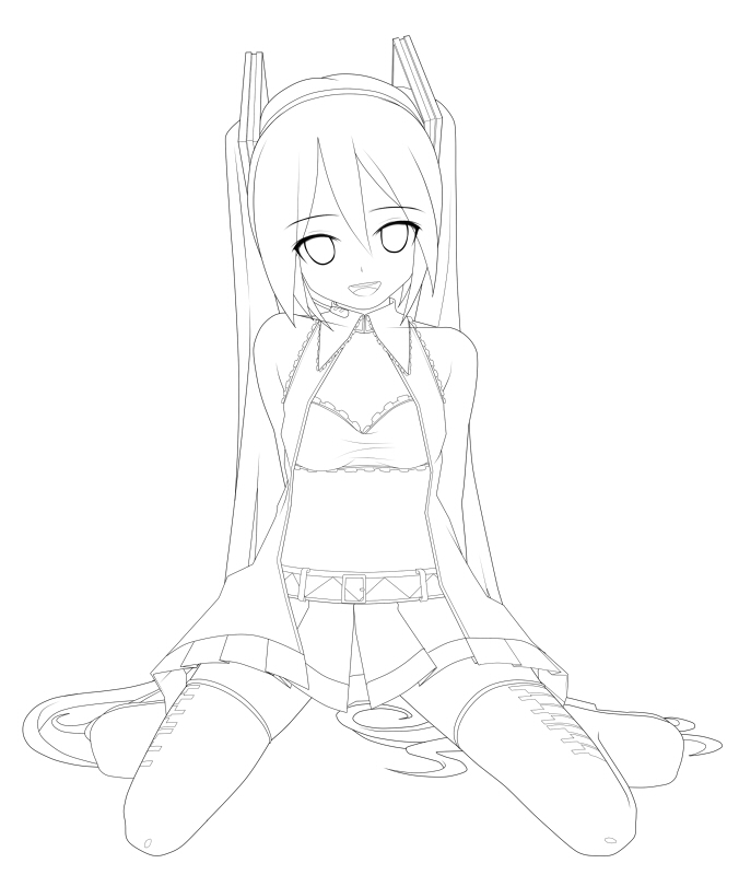 arms_behind_back bra eto greyscale hatsune_miku lineart long_hair looking_at_viewer monochrome open_clothes open_mouth open_shirt shirt skirt smile solo thighhighs underwear very_long_hair vocaloid