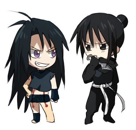 1boy 1girl black_eyes black_hair chibi dagger evil_grin evil_smile footwear fullmetal_alchemist glaring grin hair_bun hand_on_hip homunculus lan_fan long_hair looking_at_another lowres midriff ninja pale_skin purple_eyes shorts skin_tight slit_pupils smile weapon wrath wrath_curtis