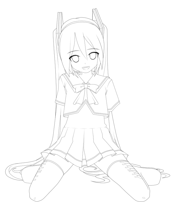 arms_behind_back eto eyebrows_visible_through_hair greyscale hatsune_miku kneeling lineart long_hair looking_at_viewer monochrome school_uniform serafuku smile solo thighhighs twintails very_long_hair vocaloid zettai_ryouiki