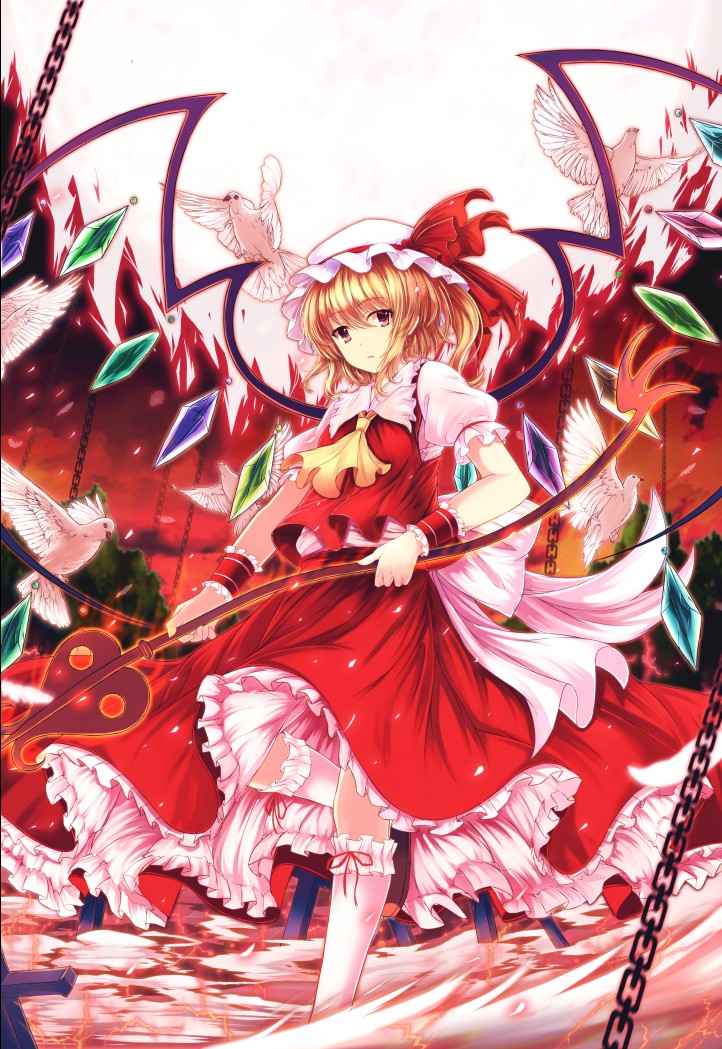 bad_id bad_pixiv_id bird blonde_hair chain dove flandre_scarlet hat hat_ribbon jianren laevatein looking_at_viewer mob_cap puffy_sleeves red_eyes ribbon shirt short_sleeves side_ponytail skirt skirt_set solo touhou vest wings wrist_cuffs