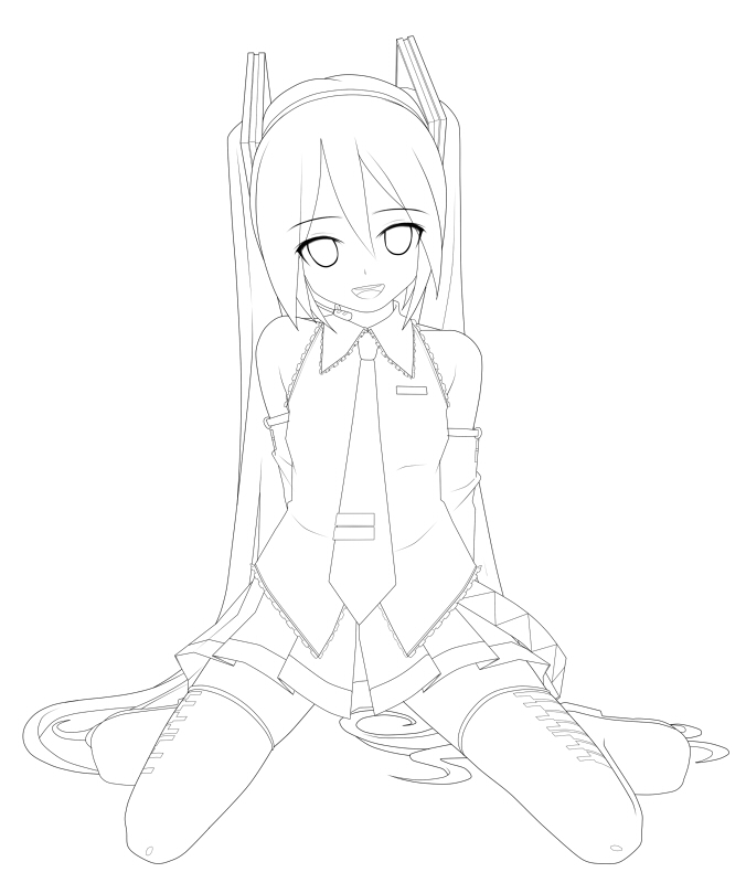 detached_sleeves eto greyscale hatsune_miku headphones headset kneeling lineart long_hair looking_at_viewer monochrome necktie open_mouth skirt smile solo thighhighs twintails very_long_hair vocaloid zettai_ryouiki