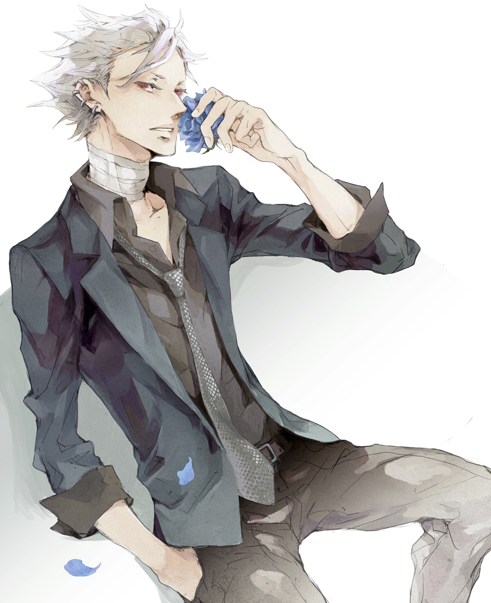 bandages blue_flower blue_rose dogs:_bullets_&amp;_carnage earrings flower formal haine_rammsteiner highres jewelry male_focus necktie nyanko_33 red_eyes rose solo suit white_hair