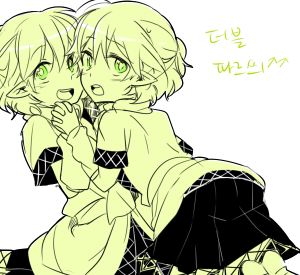 clone dual_persona green_eyes holding_hands interlocked_fingers mizuhashi_parsee monochrome multiple_girls open_mouth pointy_ears short_hair six_(fnrptal1010) skirt spot_color touhou translation_request