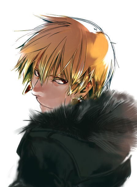 bad_id bad_pixiv_id blonde_hair earrings fate/stay_night fate_(series) fur_trim gilgamesh jewelry male_focus mpn red_eyes solo