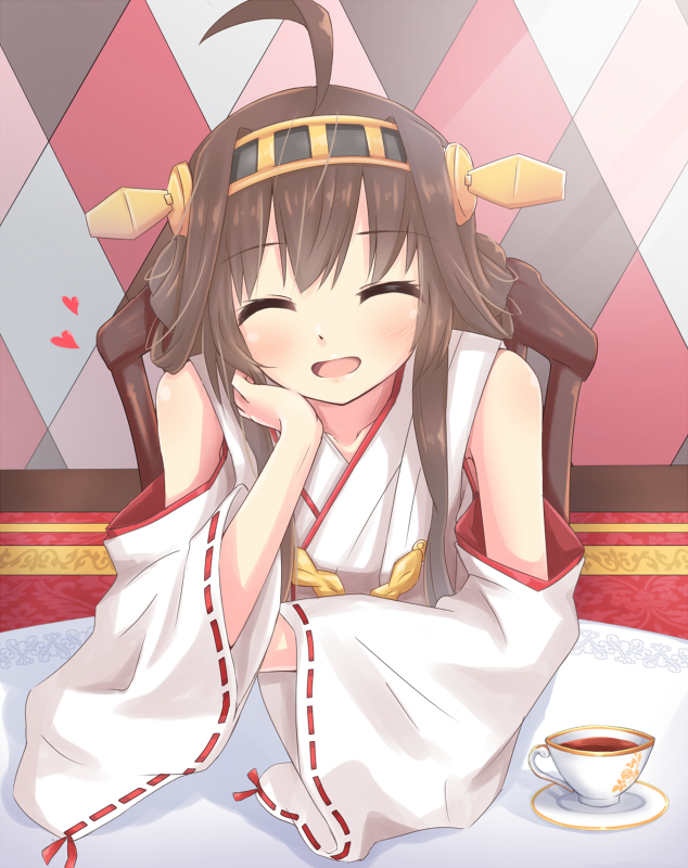 ^_^ ahoge behe_(sky_13) blush brown_hair chin_rest closed_eyes cup detached_sleeves flat_chest hair_ornament hairband headgear heart japanese_clothes kantai_collection kongou_(kantai_collection) long_hair sitting smile solo teacup wide_sleeves
