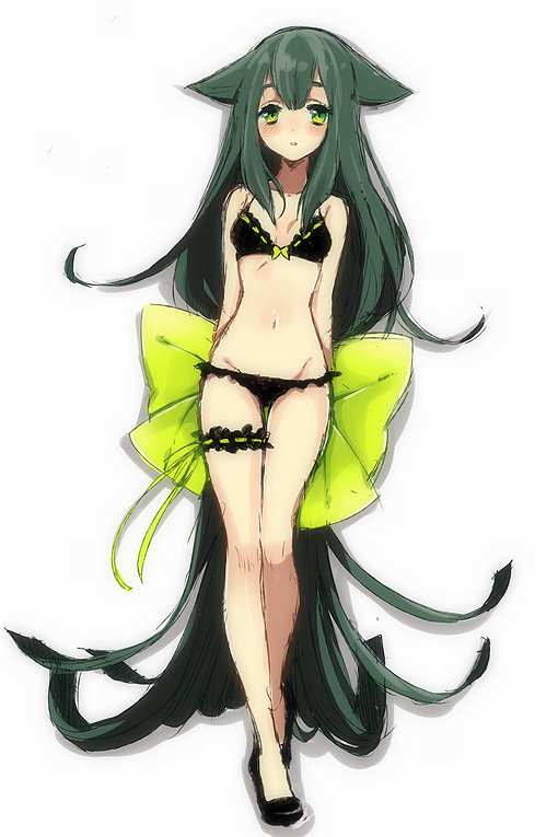 :o absurdly_long_hair arms_behind_back back_bow bad_id bad_pixiv_id bare_arms bare_legs bare_shoulders bikini black_bikini black_footwear bow breasts breasts_apart drop_shadow frilled_bikini frills full_body gatchaman_crowds green_bow green_eyes green_hair green_ribbon groin hair_bow hair_ears hair_flaps large_bow leg_garter legs long_hair long_legs looking_at_viewer mid-stride pikkoro_(euko) ribbon ribbon-trimmed_bikini ribbon-trimmed_ornament ribbon-trimmed_swimsuit ribbon_trim simple_background skinny slender_waist slim_legs solo swimsuit thigh_gap utsutsu very_long_hair white_background