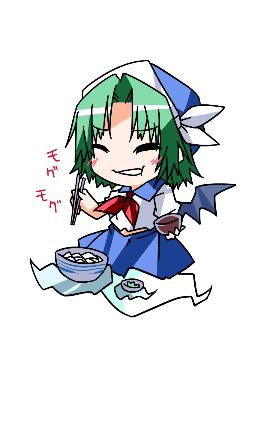 ^_^ alternate_costume bowl chopsticks closed_eyes eating ghost_tail green_hair hat hemogurobin_a1c highres mima multiple_tails neckerchief school_uniform serafuku short_hair skirt solo tail touhou touhou_(pc-98) wings