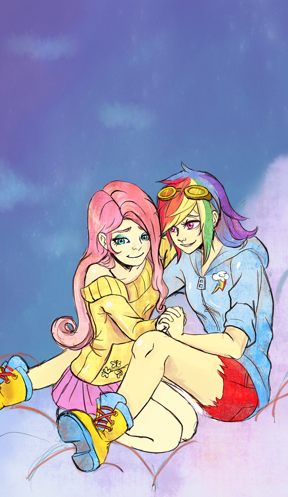 arm_around_back bare_shoulders blue_eyes boots cloud eyebrows eyeshadow fluttershy goggles goggles_on_head highres holding_hands hood hoodie interlocked_fingers long_hair makeup multicolored_hair multiple_girls my_little_pony my_little_pony_friendship_is_magic off-shoulder_sweater personification pink_eyes pink_hair rainbow_dash rainbow_hair short_hair shorts simonadventure skirt smile sweater yuri