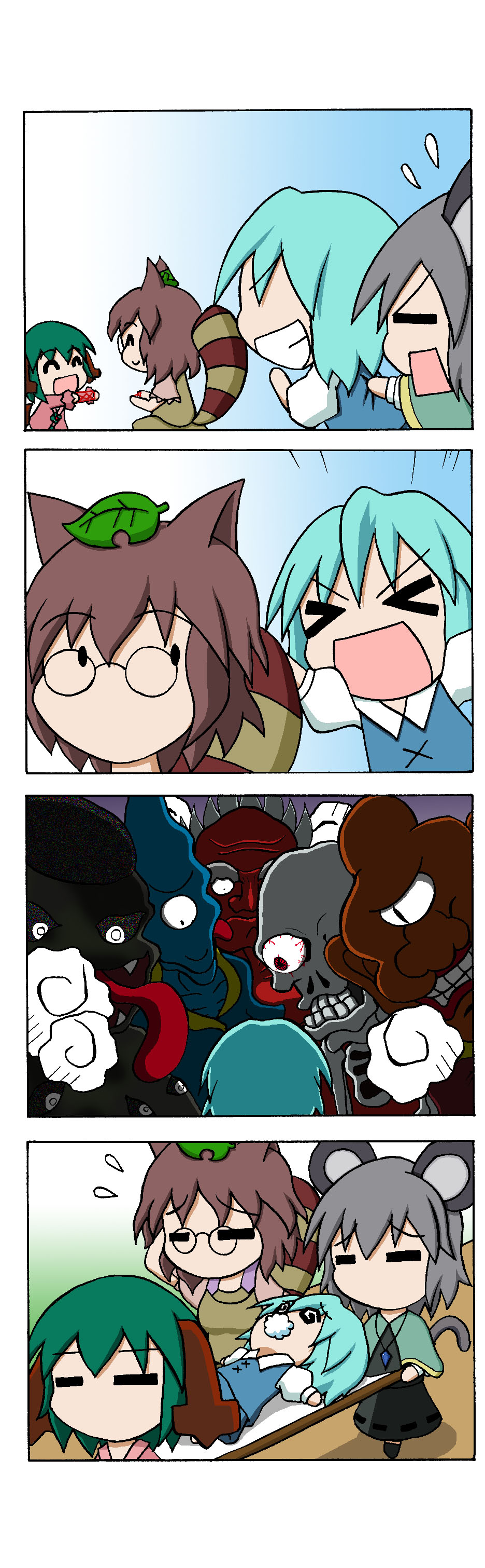 &gt;_&lt; 4koma =_= @_@ absurdres animal_ears blue_hair brown_hair capelet carrying cat's_cradle chibi closed_eyes comic cyclops demon_parade dress flying_sweatdrops foaming_at_the_mouth futatsuiwa_mamizou gem glasses gradient gradient_background green_hair grey_dress grin highres jewelry kasodani_kyouko leaf leaf_on_head monster mouse_ears mouse_tail multiple_girls nazrin necklace one-eyed open_mouth pendant pince-nez raccoon_ears raccoon_tail rakugaki-biyori screaming silent_comic skeleton smile stretcher tail tatara_kogasa tongue tongue_out touhou youkai