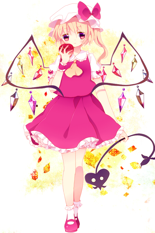 apple ascot bad_id bad_pixiv_id blonde_hair flandre_scarlet food fruit hat mugi_wata red_eyes ribbon short_hair side_ponytail solo touhou wings