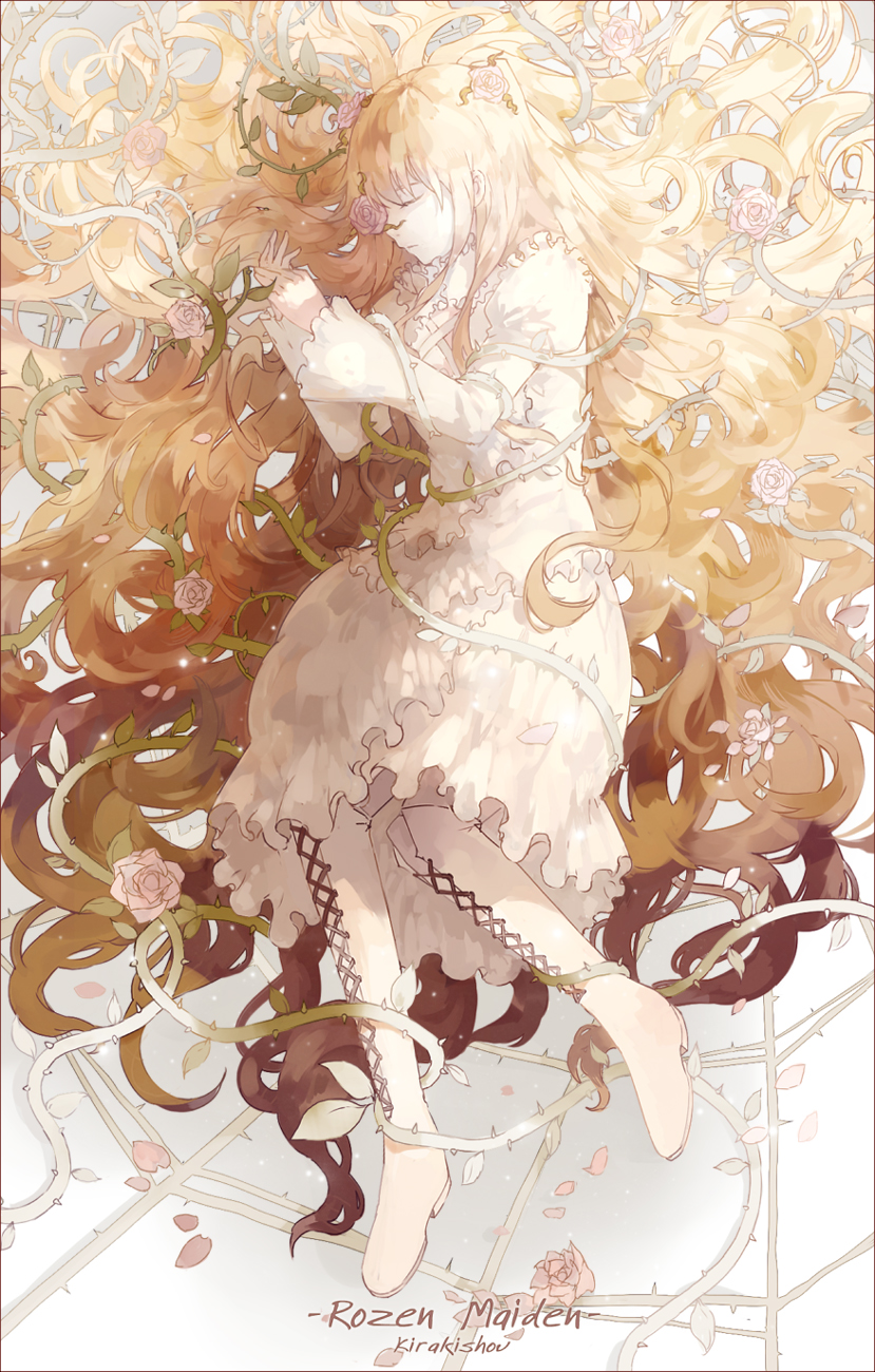 absurdly_long_hair blonde_hair boots closed_eyes cross-laced_footwear dress entangled flower frame full_body highres juliet_sleeves kirakishou knee_boots lolita_fashion long_hair long_sleeves lying nine_(liuyuhao1992) on_side petals pink_flower pink_rose plant puffy_sleeves rose rozen_maiden silk solo spider_web very_long_hair vines white_dress wide_sleeves