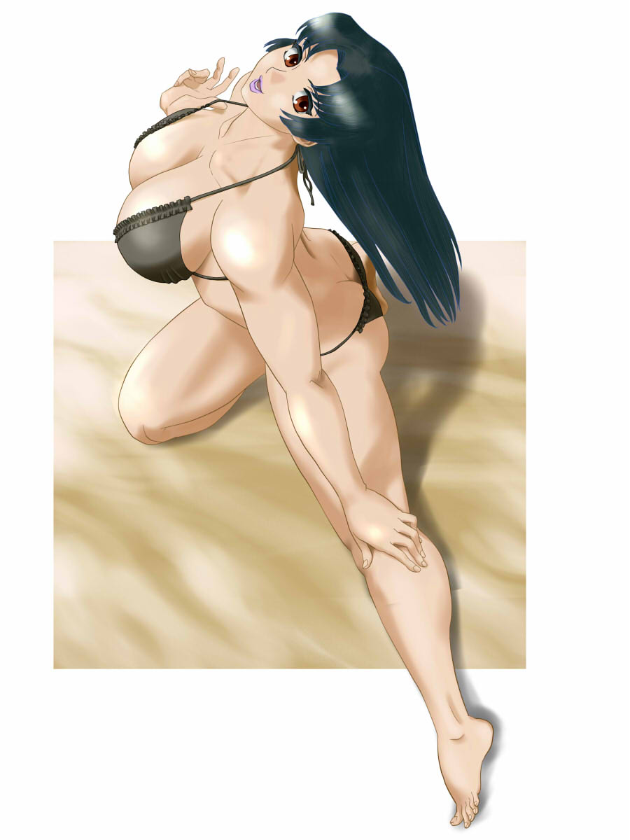 1girl ass bare_legs barefoot breasts brown_eyes butt_crack cleavage feet fumizuki_hajime large_breasts lipstick makeup original solo swimsuit toes