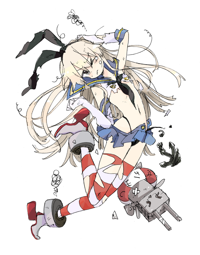 animal_ears blonde_hair blush boots bunny_ears fake_animal_ears frown gloves grey_footwear innertube kantai_collection long_hair mokeo navel rensouhou-chan robot sailor_collar shimakaze_(kantai_collection) skirt solo squiggle tears thighhighs torn_clothes torn_gloves torn_legwear unbuttoned wavy_mouth white_gloves wince