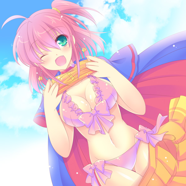 ;d ahoge alice_wishheart bikini blush breasts cape cleavage cloud day earrings fang frilled_bikini frills green_eyes happy heart jewelry magical_halloween medium_breasts navel one_eye_closed open_mouth orange_skirt pink_hair shiny shiny_skin short_hair side_ponytail skirt sky smile solo star star_earrings swimsuit thigh_gap tokinon undressing