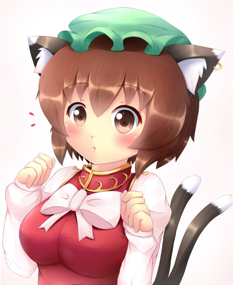 alternate_breast_size animal_ears breasts brown_eyes brown_hair cat_ears chen earrings hat jewelry kane-neko medium_breasts multiple_tails ribbon short_hair solo tail touhou two_tails