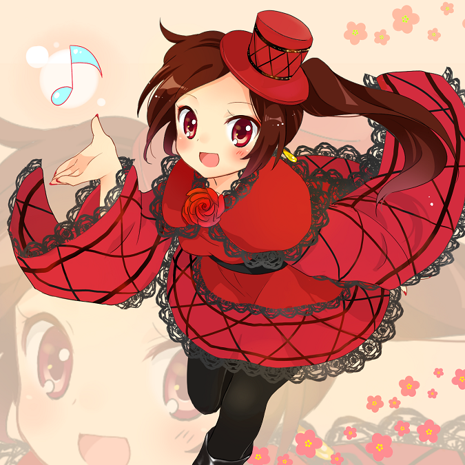 :d blush brooch brown_hair eighth_note flower flower_brooch hat jewelry lace mochizuki_yomogi musical_note nail_polish open_mouth original pantyhose red_eyes red_skirt rose side_ponytail skirt smile solo top_hat zoom_layer