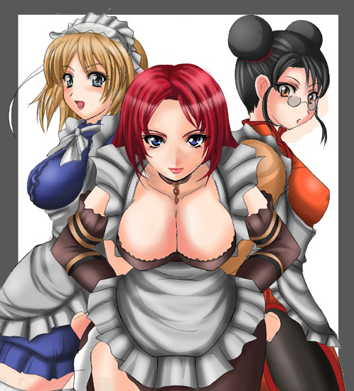 3girls :d apron black_hair blonde_hair blue_eyes breasts brown_eyes choker cleavage double_bun glasses hands_on_hips hualin large_breasts looking_at_viewer lynette maid maid_apron maid_headdress multiple_girls open_mouth red_hair smile soul_calibur soulcalibur_iii valeria