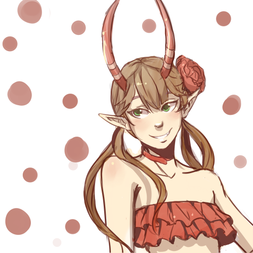 antlers bandeau bare_shoulders brown_hair c_(control) choker flat_chest flower frills green_eyes grin hair_flower hair_ornament horns long_hair lowres mashu_(control) midriff pointy_ears polka_dot polka_dot_background simonadventure smile solo strapless twintails
