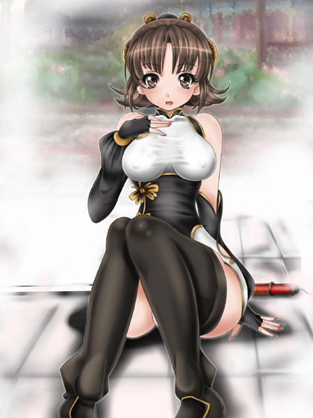 1041_(toshikazu) 1girl alternate_costume bare_shoulders breasts brown_eyes brown_hair chai_xianghua detached_sleeves fingerless_gloves gloves looking_at_viewer short_hair sitting solo soul_calibur soulcalibur_iii sword thighhighs weapon