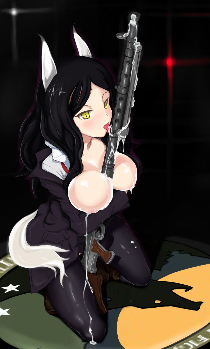 :p between_breasts black_background black_hair breasts chain constantia_cantacuzino gun highres large_breasts licking liu_feng_jing long_hair machine_gun md5_mismatch mg34 pantyhose simple_background solo tongue tongue_out weapon world_witches_series yellow_eyes