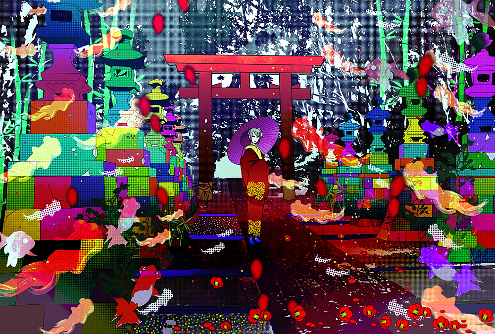 abstract bad_id bad_pixiv_id colorful fish goldfish grey_hair japanese_clothes kimono magatan oriental_umbrella original stone_lantern surreal torii umbrella