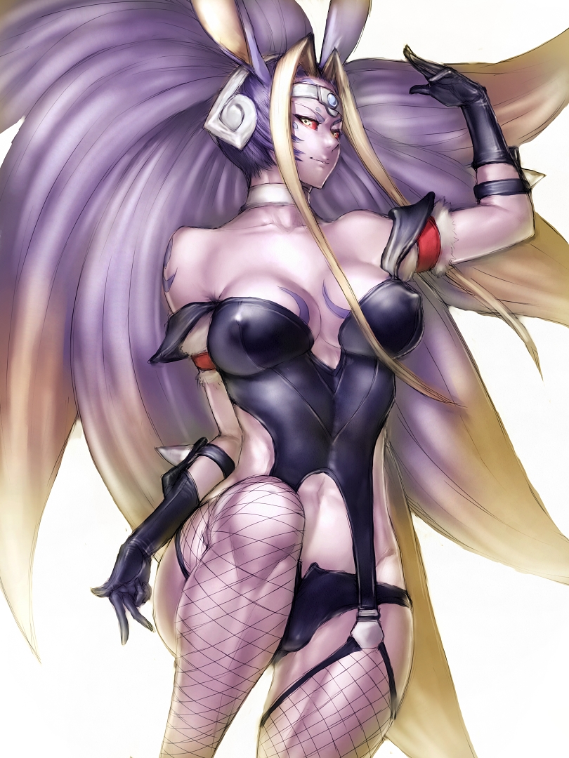 animal_ears bare_shoulders big_hair black_gloves blonde_hair breasts choker circlet cleavage covered_nipples dragon_quest dragon_quest_x elbow_gloves facial_mark fishnet_legwear fishnets forehead_mark fumio_(rsqkr) garter_straps gloves gradient_hair hand_up jyuriante large_breasts leg_lift light_smile long_hair looking_at_viewer multicolored_hair navel purple_hair purple_skin red_sclera sidelocks simple_background smile solo tattoo two-tone_hair very_long_hair white_background yellow_eyes