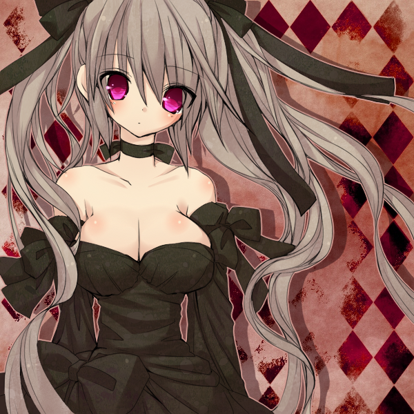 argyle argyle_background bare_shoulders bow breasts choker cleavage colorized dress hair_ribbon large_breasts long_hair looking_at_viewer naderu_(yaminean) original purple_eyes ribbon solo twintails very_long_hair