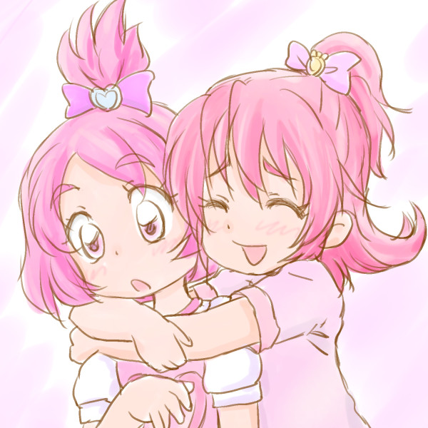 :d aida_mana blush bow closed_eyes dokidoki!_precure half_updo happy hug hug_from_behind multiple_girls open_mouth personification pink_bow pink_eyes pink_hair precure sharuru_(dokidoki!_precure) sharuru_(dokidoki!_precure)_(human) short_hair smile upper_body yoshimi50