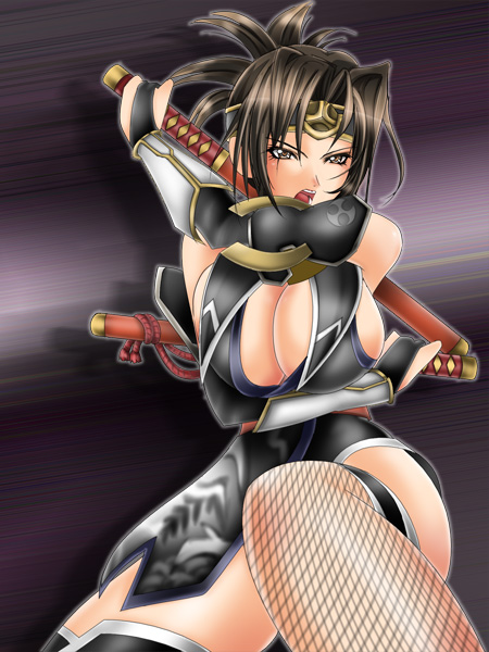 1041_(toshikazu) 1girl alternate_costume black_hair breasts brown_eyes cleavage fishnet_legwear fishnets headband large_breasts ninja open_mouth solo soul_calibur soulcalibur_iii sword taki taki_(soulcalibur) thighhighs weapon