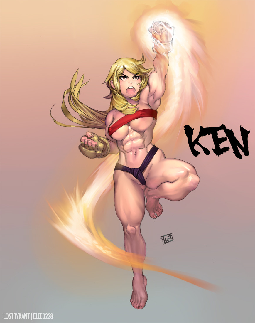 abs armpits bandeau barefoot belt blonde_hair breasts brown_eyes character_name clenched_hands covered_nipples eyebrows fingerless_gloves fire flame full_body fundoshi genderswap genderswap_(mtf) gloves japanese_clothes ken_masters long_hair lost-tyrant medium_breasts muscle muscular_female navel open_mouth shouryuuken simple_background solo strapless street_fighter street_fighter_zero_(series) thick_eyebrows toes underboob uppercut watermark