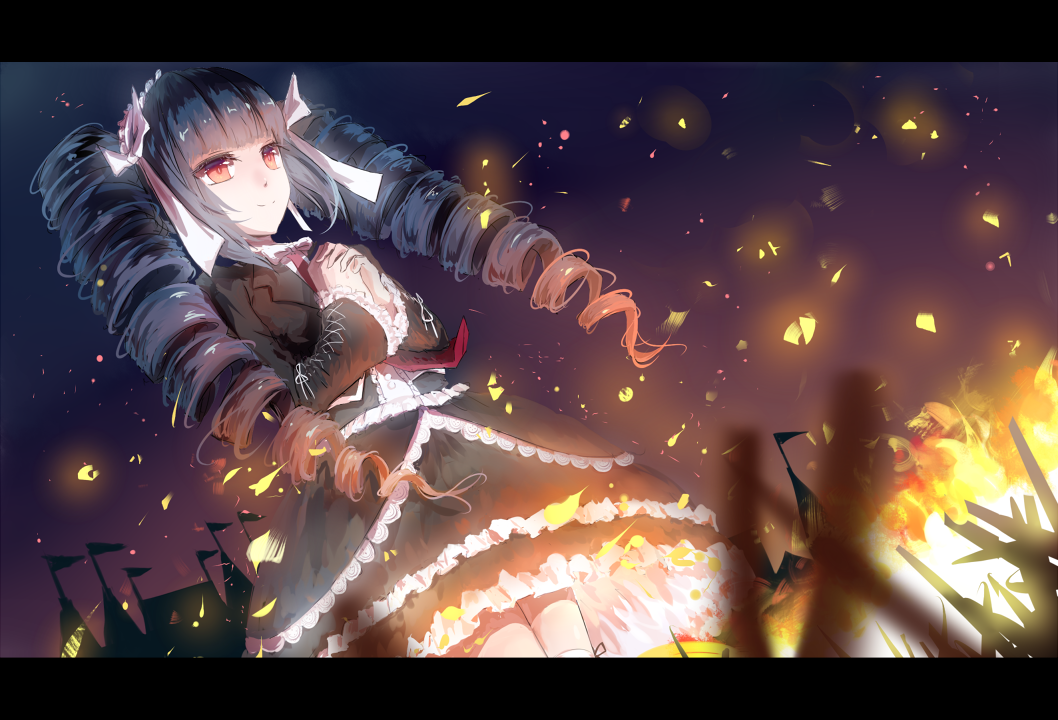 black_hair blurry castle celestia_ludenberck danganronpa danganronpa_1 depth_of_field dress embers fire frills gothic_lolita hands_clasped katee letterboxed lolita_fashion long_hair necktie own_hands_together red_eyes smile solo