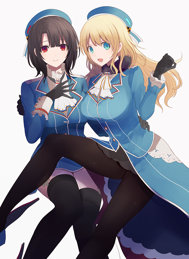 aqua_eyes atago_(kantai_collection) bad_id bad_pixiv_id banned_artist black_gloves black_hair blonde_hair blush breasts garter_straps gloves harano hat kantai_collection large_breasts long_hair looking_at_viewer military military_uniform multiple_girls pantyhose red_eyes short_hair simple_background smile takao_(kantai_collection) thighhighs uniform white_background
