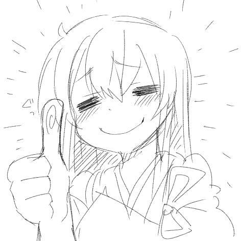 =_= akagi_(kantai_collection) bad_id bad_twitter_id blush greyscale kantai_collection long_hair lowres monochrome rebecca_(keinelove) smile solo thumbs_up